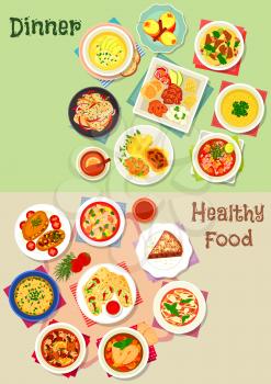 Dinner icon set of vegetable soups with meat, shrimp and bean, chicken rice, vegetable meat stew, baked fish, potato and pork, chicken cheese roll, pepper sauce, carpaccio, bread pie, fruit dessert