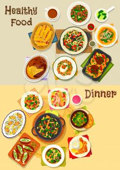 Dinner menu icon with seafood soup, mussels with vegetables, pasta and wine sauce, shrimp, tomato and carrot salads, baked potato dishes with cheese and bacon, eggs with fish, meatball, fruit pudding