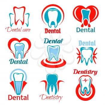Dentistry emblems set of tooth, stomatology and dentist office icons. Vector isolated teeth symbols for stomatologist clinic, dental care clinic. Signs of healthy tooth and gum with heart for odontolo