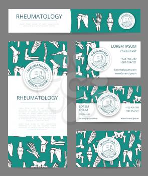 Rheumatology medical center banner, flyer and card template with human skeleton bones. Leg, hand, foot, spine, pelvis, elbow and shoulder joints with seal stamp and text layout for clinic design