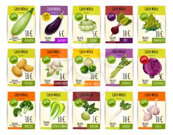 Veggies, vegetables price cards labels. Vector tags set of zucchini squash and patisony, eggplant, beet and romanesco broccoli, potato and champignon, brussels sprouts and asparagus, scotch kale and c