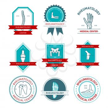 Rheumatology and orthopedics medical center badge set. Leg, hand, foot, spine, knee, elbow, pelvis, shoulder bone and joint, framed by seal stamp and shield with ribbon banner, star