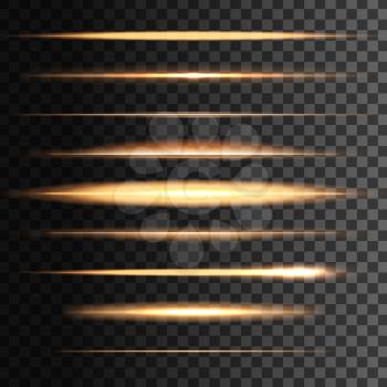 Glowing golden light vector flashes and abstract lights lines or stripes. glow stripes effect. Yellow gold neon illumination of sun or starlight beams, bursts and sparkles. Set of horizontal linear ra