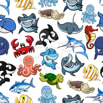 Cartoon fishes and ocean animals seamless pattern of vector sea clown fish or flounder and tropical butterfly fish, starfish and seahorse, lobster crab, octopus, stingray and turtle, squid and jellyfi