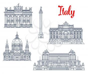 Italy famous architecture symbols and sightseeing buildings. Vector isolate icons and facades of Trajan Column, Chiesa or Church Gran Madre di Dio in Turin, Archbasilica of San Giovanni or St John Lat