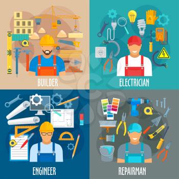 Builder, electrician, engineer and repairman professions vector posters. Workers with work tools for repair, building or finishing drill, trowel and measure, ruler, pliers and paint brush, screwdriver