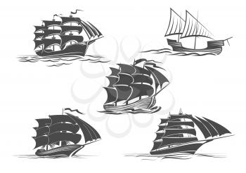 Sailing ship or frigate warship vector isolated icons set. Navy or maritime transport symbol of yacht with mast and sails, ironclad sailboat or pirate boat float drifting on sea waves