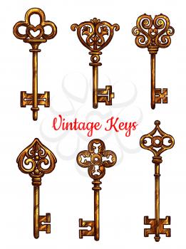 Old or vintage keys icons. Vector isolated set of sketched metal or brass bronze lock key with antique or medieval ornate bow and wards. Lever-type key heraldic symbol for coat of arms or heraldry shi