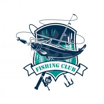 Fishing icon or fisher club vector emblem of sheatfish or catfish catch on hook, fish rod and float with bait lure. Badge with lake and ribbon for fishery industry and fisherman adventure sport
