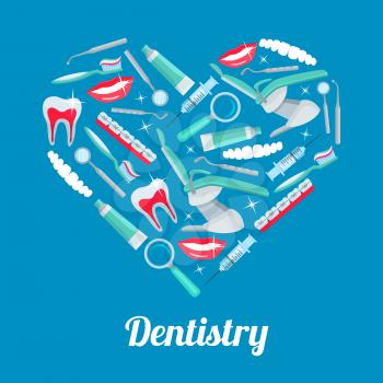 Heart with dentistry icons. Tooth, dentist tool, toothpaste, toothbrush, chair, brace, smile, mirror, syringe and probe arranged into heart shaped badge for dentistry or dentist office poster design