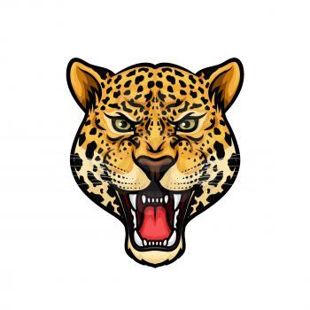 Jaguar head isolated cartoon mascot. Angry leopard or panther roaring with bared teeth and aggressive glare. Wild big cat for t-shirt print, tattoo design