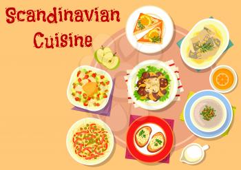 Scandinavian cuisine fish dishes icon with vegetable fish salad, shrimp toast, noodle meat salad with pickles, pike caviar on rye bread, liver with vegetables and fruit sauce, mushroom cream soup