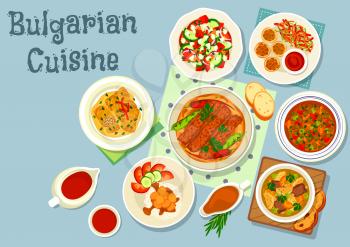 Bulgarian cuisine savory dishes icon of grilled meat with pepper on flatbread, vegetable balls with tomato sauce, vegetable salad with cheese, beef vegetable and lentil soups, pork stew, cabbage roll