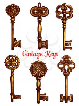Vintage and old keys vector icons sketch. Set of metal brass or bronze lock key symbols with antique or medieval ornate bow and wards. Lever-type heraldic keys for coat of arms or heraldry shield