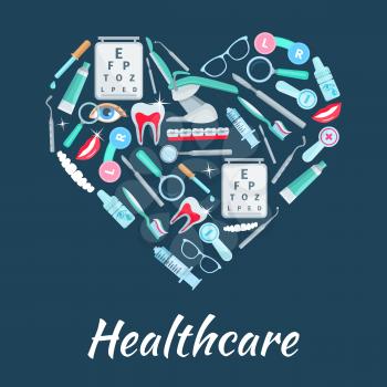Medical poster with heart of dentistry and ophthalmology healthcare medical items dentist mirror, tooth paste and toothbrush, dental braces, eye drops, scalpel and syringe, glasses lens and ophthalmol