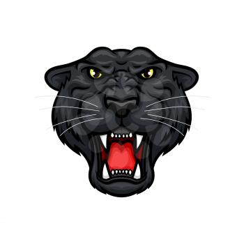 Black panther vector mascot icon. Roaring jaguar or leopard large wild cat muzzle or snout with sharp canines jaw and yellow eyes. Isolated emblem design for sport team, hunting adventure trip club or