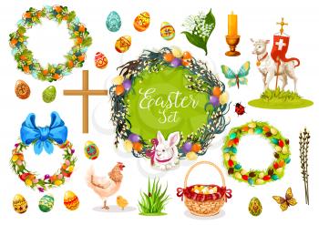 Easter icon set. Easter egg, rabbit bunny, chicken, chick, lamb of God, Easter wreath with spring flowers, eggs and willow branches, basket with eggs and ribbon bow, candle, cross, butterfly, grass