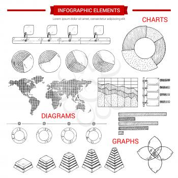 Infographic or infochart elements set of vector sketch graphs and icons set of business chart pie symbol, world map diagram, social and demographic statistics, growth dynamics bars, economical data an