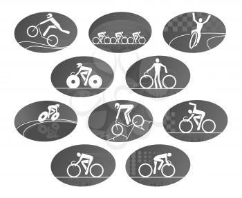 Cycling races vector icons set of sport bicycling or biking. Bicycles or bikes with cyclist or bicyclists team, cycler winner, wheelman or bicycler on finish victory. Isolated emblems for mountain and