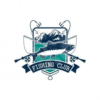 Fishing emblem or fisher club icon of pink or humpback salmon catch on hook, fish rod and float with bait lure. Badge with mountain lake and ribbon for fishery industry and fisherman sport adventure