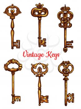 Vintage keys of brass vector sketch icons. Set of metal bronze lock key symbols with antique or medieval ornate bow and wards. Lever-type heraldic keys for coat of arms or heraldry shield