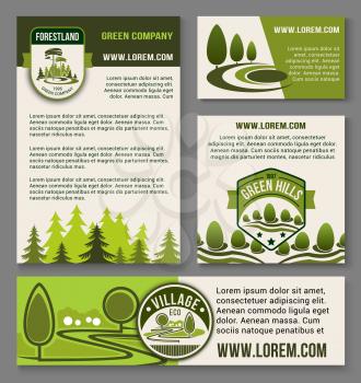 Eco landscape and green horticulture design vector templates set for home or garden green plants ecology company and trees architecture, environment build or gardening service