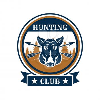 Hunting club emblem with wild boar or aper muzzle. Hunter wildlife adventure vector isolated arrows on blue icon and ribbon or stars with wild hog swine predatory animal in nature