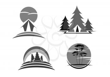 Eco tourism, green travel or camping vector icons. Isolated emblems set of forest or park trees, outdoors woodland camp tent and nature trip adventure. Ecology and environment concept