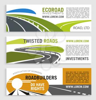 Roads and highways vector banners with motorway lane and expressway drive. Set for transportation route repair service, eco road construction and building or investment company