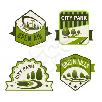 City or urban outdoor park or green forest vector icons set of green trees and open air plants for horticulture landscape design, ecology environment company or planting and gardening service