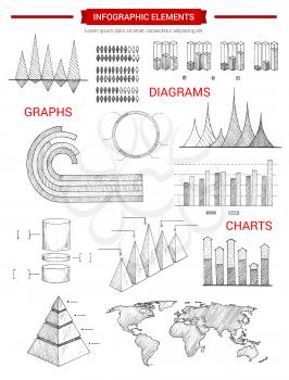 Infographic sketch elements or vector infochart graphs and icons set of business chart, pyramid diagram, demographics world statistics map, growth dynamics bars, economics data or marketing flowchart