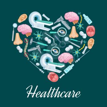 Heart symbol or poster with healthcare medicines of MRI scanner, surgery and otolaryngology instruments syringe, scissors and otoscope, pills and human brain organ, spine, nose and ear or nerve cells