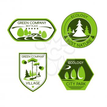 Green company vector icons set of urban outdoor park or eco village or forest trees and plants for horticulture landscape design, ecology environment or city and urban planting and gardening service