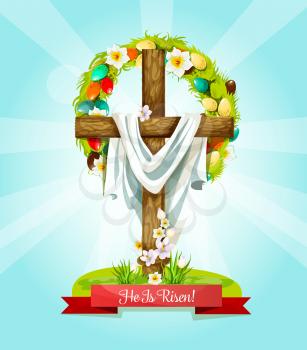 Easter Sunday Lenten Cross, He Is Risen greeting card. Wooden cross with blooming spring flowers and Easter egg wreath with narcissus and crocus flower. Easter holiday themes design