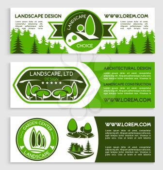 Landscape and gardening service company vector banners for design project of garden of green plants and trees, eco environment horticulture build