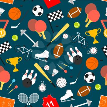 Sport seamless pattern with ball for football, tennis and basketball, baseball, rugby, bowling game, hockey puck and racket, medal, racing flag and trophy, stopwatch, dumbbell, bicycle, skates
