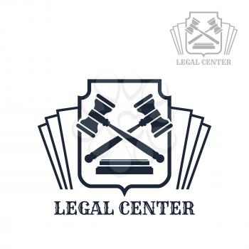Advocacy or lawyer legal center vector icon with law code and judge gavels on heraldic shield. Emblem or sign for juridical company or advocate or justice attorney office, counsel and notary