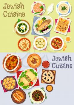 Jewish cuisine kosher food icon with fish and chicken dishes, chickpea falafel, lamb, beef bean stew, meat dumpling, lentil, sorrel soup, liver pate, radish salad, beef roast, poppy cookie
