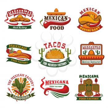 Mexican cuisine restaurant and fast food cafe emblem set. Taco with vegetable, meat fillings and hot red chilli pepper symbols with sombrero hat, tribal mexican bird, cactus and ribbon banner
