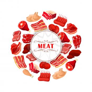 Fresh meat cuts symbol. Beef steak, pork chops, ham, bacon, tenderloin and belly, lamb ribs, chicken, turkey and burger patty placed around badge with text Meat. Butcher shop and food packaging design