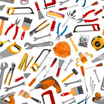 Working tool, instrument and equipment for construction and repair work seamless pattern. Hammer, screwdriver, wrench, pliers, saw, ruler, drill, brush, roller, spanner, trowel, spatula for DIY design