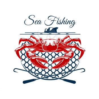 Sea fishing sign. Freshly caught crab in trap with fishing boat on the background. Fishing sport emblem, fisherman club badge or sporting tournament design