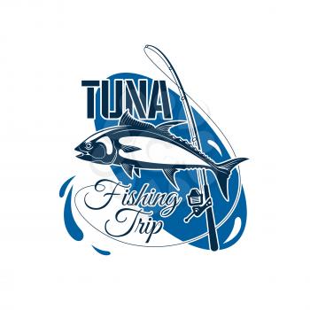Tuna fishing trip symbol. Atlantic bluefin tuna fish on fishing rod with water splashes emblem for fishing sport, fisherman club, sea fishing tour and fishery industry design