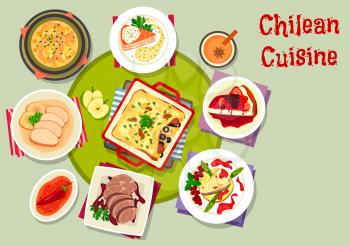 Chilean cuisine icon with chili sauce, grilled fish with fruit sauce, salmon onion soup, pork apple stew, beef steak with wine sauce, salmon cheese pie, cheesecake with berry, corn chicken casserole