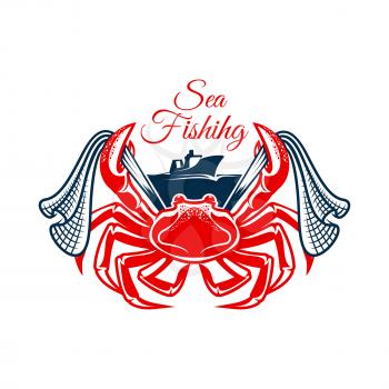 Crab sea fishing symbol. Atlantic crab marine animal with net in claws and trawler fishing boat. Fishing sport club, fishery industry themes design