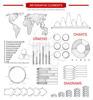 Infographic elements, sketch design. Hand drawn world map, bar graph, pie chart, arrow step diagram and stacked chart with pointers and text layout. Business presentation, financial report design