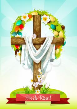 Easter Sunday cross with flowers greeting card. Easter cross, adorned by floral wreath of painted eggs and narcissus flowers, green grass and leaves. He Is Risen cartoon festive poster design