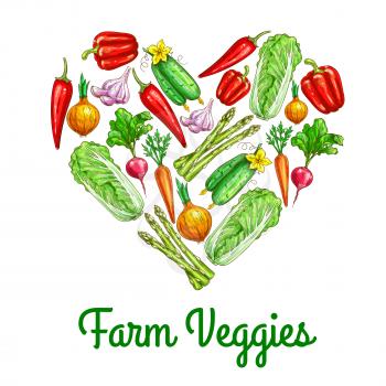 Heart of vegetables poster. Carrot, chilli and bell pepper, onion, chinese cabbage, radish, cucumber, garlic and asparagus sketches. Fresh organic farm veggies for healthy food, agriculture design