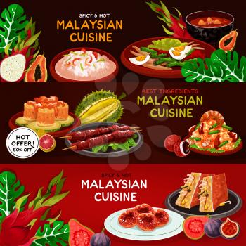 Malaysian cuisine restaurant banner set. Seafood risotto, grilled chicken, vegetable salad, fried rice with shrimp, stuffed tofu, fish salad, papaya soup, potato donut. Asian food menu design