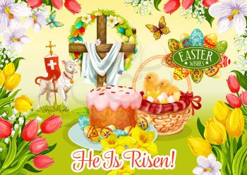 Easter Day wishes greeting card. Easter egg and cake, egg hunt basket with chicken chicks, cross with floral wreath and lamb of God on grass meadow poster, edged with flowers of tulip, lily, narcissus